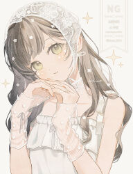 Rule 34 | 1girl, absurdres, bare shoulders, blush, bonnet, brown hair, closed mouth, collarbone, dress, frills, green eyes, hair ornament, highres, jewelry, kirari 0810, long hair, looking at viewer, original, ring, simple background, sleeveless, sleeveless dress, smile, solo, upper body, white dress