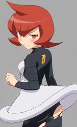 1girl ass black_bodysuit blush bodysuit bodysuit_under_clothes breasts clenched_hand closed_mouth commentary cowlick curakuru dress grey_background grey_dress hair_between_eyes highres logo looking_back mars_(pokemon) medium_hair nintendo orange_eyes pokemon pokemon_dppt red_hair simple_background sleeveless sleeveless_dress solo team_galactic team_galactic_uniform torn_bodysuit torn_clothes
