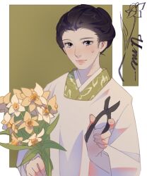 1girl black_hair blush clippers delicourse flower golden_kamuy hair_up highres holding holding_flower kenmochi_umeko lipstick looking_at_viewer makeup upper_body
