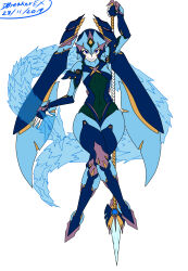 absurdres android arm_above_head arm_up armor armored_boots armored_gloves bikini bikini_armor blue_armor blue_bikini blue_boots blue_eyes blue_gloves bodysuit boots breasts chest_jewel covered_navel darkbreakerex dragon fairy_leviathan_(mega_man) floating forehead_jewel gem gloves glowing_lines hand_jewel helmet highres holding holding_polearm holding_weapon ice_dragon invisible_chair jewelry joints knee_pads looking_at_viewer mechanical_arms mega_man_(series) mega_man_zero_(series) navel pet petting polearm robot_girl robot_joints see-through_body simple_background sitting smile swimsuit thigh_boots thighhighs thighhighs_under_boots underboob weapon white_background white_gloves