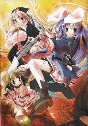 Rule 34 | 3girls, animal ears, bell, breasts, cleavage, female focus, gun, highres, inaba tewi, kamiya yuu, large breasts, multiple girls, rabbit ears, reisen udongein inaba, thighhighs, touhou, weapon, yagokoro eirin