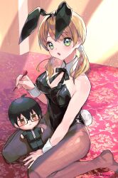 1girl animal_ear_hairband animal_ears artist_name between_legs black_bow black_hairband bow bowtie breasts character_doll chinese_zodiac cleavage commentary dart detached_collar doll fake_animal_ears fake_tail green_eyes hair_ornament hairband hand_between_legs highres holding_dart indoors kuroda_(kuro_yyy) large_breasts leotard looking_at_viewer low_twintails makoto-chan_(kuroda_(kuro_yyy)) makoto-kun_(kuroda_(kuro_yyy)) medium_hair no_shoes on_floor open_mouth original pantyhose playboy_bunny pom_pom_(clothes) pom_pom_hair_ornament rabbit_ears rabbit_tail signature sitting solo tail thighs twintails wariza wrist_cuffs year_of_the_rabbit