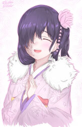 1girl alternate_costume alternate_hairstyle blush burn_scar closed_eyes dated eyelashes floral_print floral_print_kimono flower hair_flower hair_ornament hair_over_one_eye hanawizu highres ikezawa_hanako japanese_clothes katawa_shoujo kimono long_hair open_mouth outline own_hands_together pink_flower pink_outline print_kimono purple_hair purple_kimono scar scar_on_face scar_on_hand scar_on_neck smile solo teeth upper_body upper_teeth_only