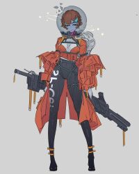 1girl ankle_garter black_pants breasts breasts_apart bright_pupils broken_helmet brown_hair closed_mouth colored_skin commentary covered_navel cropped_shirt crystal elliemaplefox english_commentary fishbowl_helmet full_body grey_background grey_eyes grey_skin gun helmet highres holding holding_behind_back holding_gun holding_weapon holding_weapon_behind_back jacket long_sleeves looking_at_viewer medium_breasts orange_jacket orange_shirt original pants print_pants shirt short_hair simple_background solo space_helmet standing weapon white_pupils