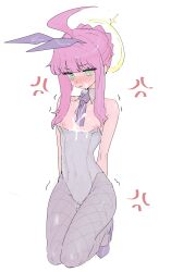 1girl absurdres ahoge anger_vein animal_hood aqua_eyes bare_shoulders blue_archive blush breasts commentary cum cum_on_body cum_on_breasts cum_on_upper_body detached_collar dokunasubi facial fishnet_pantyhose fishnets grey_pantyhose halo high_heels highres hood kaya_(blue_archive) leotard long_hair looking_at_viewer nipples pantyhose pink_hair playboy_bunny purple_shoes rabbit_hood shoes simple_background small_breasts solo tears white_background