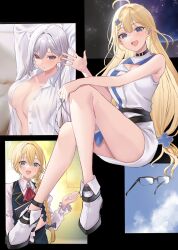 3girls :d ahoge arms_behind_head arms_up ascot bare_legs blonde_hair blue_eyes blue_sky book braid braided_ponytail breasts breasts_apart cleavage_cutout closed_mouth clothing_cutout cloud clover_hair_ornament convenient_leg cover cover_page dress fialka_tiursad glasses grey_hair hair_intakes hair_ornament hair_over_shoulder hamu_(plot_sy) hand_on_own_knee high_heels highres holding holding_book invisible_chair kimoota_mob_youhei_wa_minohodo_o_ben_(waki_ma)_eru large_breasts long_hair low_side_ponytail mole mole_under_eye multiple_girls multiple_views no_bra novel_cover official_art open_clothes open_mouth open_shirt paneled_background pencil_dress planet purple_eyes semi-rimless_eyewear sherry_(mob_youhei) shirt sitting sky sleeveless sleeveless_dress smile star_(sky) starry_sky unbuttoned unbuttoned_shirt very_long_hair vest waistcoat waving white_shirt wvs-09_rossweisse