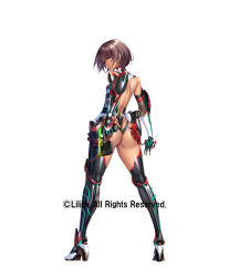 1girl aoi_nagisa_(metalder) ass black_leotard brown_hair copyright_name curvy dark_skin fishnets flat_chest gun highres holding holding_gun holding_weapon huge_ass impossible_clothes impossible_leotard leotard lilith-soft looking_at_viewer looking_back mizuki_yukikaze mizuki_yukikaze_(future) pink_eyes revealing_clothes shiny_clothes shiny_skin short_hair simple_background skin_tight skindentation solo standing taimanin_(series) taimanin_rpgx taimanin_suit taimanin_yukikaze thong_leotard weapon white_background wide_hips
