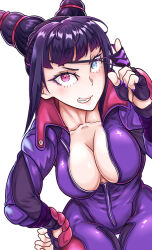 1girl blue_eyes bodysuit breasts capcom cleavage collarbone drill_hair eyepatch female_focus fingerless_gloves gloves grin hair_horns hair_ornament han_juri heterochromia large_breasts looking_at_viewer official_alternate_costume pink_eyes purple_bodysuit simple_background smile solo street_fighter street_fighter_v teeth twin_drills vvv_slider white_background