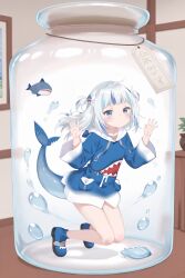 1girl 760242849 absurdres against_glass ai-assisted animal_costume blue_eyes blue_hoodie blunt_bangs fins fish_tail full_body gawr_gura gawr_gura_(1st_costume) hair_ornament hand_on_glass highres hololive hololive_english hood hoodie in_container in_jar jar long_sleeves looking_at_viewer multicolored_hair shark shark_costume shark_girl shark_hair_ornament shark_print shark_tail simple_background solo streaked_hair tail two-tone_hair two_side_up virtual_youtuber water_drop white_background