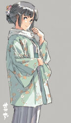 Rule 34 | 1girl, alternate costume, artist name, black eyes, black hair, braid, braided bun, coat, feet out of frame, floral print, green coat, grey background, hair bun, haori, highres, japanese clothes, kantai collection, kimono, looking at viewer, myoukou (kancolle), scarf, simple background, solo, standing, striped clothes, striped kimono, suzumaru, white scarf