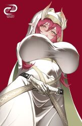 1girl absurdres arknights ascalon_(arknights) ascalon_(phototaxis)_(arknights) breasts commentary_request covered_erect_nipples dress highres horns huge_breasts large_breasts lips long_hair official_alternate_costume orange_eyes pointy_ears purple_hair solo teardrop_facial_mark veil white_dress white_horns white_veil yat_(tsmn7245)