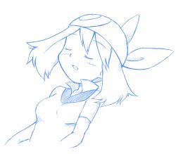 1girl bandana blush breasts closed_eyes collarbone creatures_(company) female_focus game_freak hat lying may_(pokemon) medium_breasts monochrome nintendo on_back open_mouth poke_ball_theme pokemon pokemon_rse shirt short_sleeves simple_background sketch sleeping solo tax2rin upper_body white_background