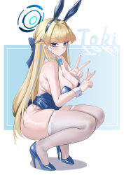 1girl absurdres animal_ear_hairband animal_ears armpit_crease blue_archive blue_eyes blue_halo blue_leotard blue_nails breasts cleavage double_v fake_animal_ears full_body hairband halo high_heels highres kaijiba large_breasts leotard long_hair looking_at_viewer playboy_bunny rabbit_ear_hairband rabbit_ears skindentation solo squatting thighhighs thighs toki_(blue_archive) toki_(bunny)_(blue_archive) v very_long_hair white_thighhighs