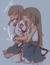 2girls arm_cutout arm_strap assault_lily bare_arms bare_shoulders black_hair black_skirt blush breasts brown_hair commentary cowboy_shot cropped_legs frilled_skirt frills from_side grey_background grey_thighhighs hair_down heavy_breathing high-waist_skirt highres hug hug_from_behind kuo_shenlin looking_at_another medium_breasts miniskirt multiple_girls parted_lips pleated_skirt profile raised_eyebrows rui_rui_rui0122 school_uniform shirt side_slit simple_background sitting sitting_on_lap sitting_on_person skirt sleeveless sleeveless_shirt smile suspender_skirt suspenders sweat tearing_up thighhighs wang_yujia white_shirt white_thighhighs yellow_eyes yuri yurigaoka_girls_academy_school_uniform