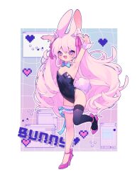 1girl animal_ear_fluff animal_ears armpits arms_up black_leotard black_thighhighs blue_bow blue_bowtie blue_ribbon blush bow bowtie bunny_day commentary covered_navel dated_commentary detached_collar double-parted_bangs eyes_visible_through_hair fang frilled_thigh_strap full_body hair_between_eyes hair_ribbon heart high_heels highres large_tail leg_up leotard loli long_hair open_mouth original ozureiji pill pink_eyes pink_hair pink_ribbon pink_shoes playboy_bunny rabbit_ears rabbit_girl rabbit_tail ribbon shoes single_thighhigh skin_fang smile solo strappy_heels tail thigh_strap thighhighs tsurime very_long_hair window_(computing)