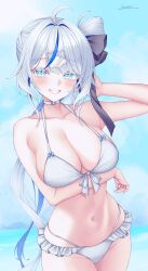 1girl ahoge aokumo_rin arm_under_breasts bare_arms bare_shoulders bikini bikini_skirt blue_eyes blue_hair breasts choker cleavage cowboy_shot front-tie_top grin hair_ornament hair_ribbon hairclip halterneck hand_up highres large_breasts long_hair looking_at_viewer multicolored_hair navel ribbon side_ponytail smile solo stellive stomach streaked_hair swimsuit two-tone_hair very_long_hair vini_(frisco) virtual_youtuber white_bikini white_choker white_hair