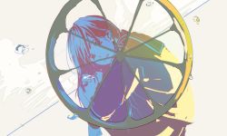 1girl breasts cloud color_wheel grey_background hugging_own_legs looking_at_viewer medium_breasts original rainbow_gradient red_hair sailor_collar school_uniform serafuku smile water_drop wheel zhongerweiyuan