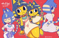 1girl :&lt; absurdres ancient_egyptian ancient_egyptian_clothes animal_crossing animal_ears ankha_(animal_crossing) bandages barefoot black_eyes black_hair blonde_hair bob_cut cat_ears cat_tail character_name closed_eyes closed_mouth commentary_request dress furry furry_female hair_ornament highres nintendo rariatto_(ganguri) red_background short_hair short_sleeves simple_background sitting sleeveless sleeveless_dress snake_hair_ornament sparkle striped_tail tail twitter_username