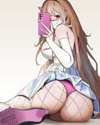 Rule 34 | 1girl, absurdres, ass, bare shoulders, blush, breasts, brown hair, cellphone, elbow gloves, fingerless gloves, fishnet pantyhose, fishnets, from behind, gloves, goddess of victory: nikke, hairband, high heels, highres, l2tp, large breasts, long hair, looking at viewer, mask, pantyhose, phone, red eyes, sideboob, skirt, skirt flip, solo, thong, very long hair, viper (nikke)