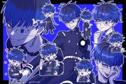 1boy @_@ animal_print armband beaker black_border black_hair blue_background blue_eyes blue_hair blush border chibi chibi_inset chin_piercing choker cracked_skin dual_wielding earrings eyepatch face_piercing fingernails flask gakuran geta gloves gohan_(8823cobalt) hand_on_own_chin hand_on_own_face haori holding holding_beaker holding_vial holding_weapon hole_in_chest hole_on_body japanese_clothes jewelry kimono last_defense_academy_school_uniform looking_at_viewer male_focus multicolored_hair multiple_views omokage_yugamu outline outstretched_arm outstretched_hand piercing print_eyepatch ring round-bottom_flask school_uniform sharp_fingernails short_hair simple_background smile solo sparkle spider_print sweat sweatdrop the_hundred_line_-last_defense_academy- throwing vial weapon white_armband white_gloves white_outline