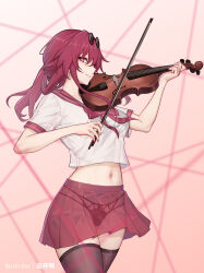 1girl alternate_costume artist_name black_panties bow bow_(music) breasts collarbone cowboy_shot crop_top cropped_shirt earrings eyewear_on_head fingernails glasses holding holding_bow_(music) holding_instrument holding_violin honkai:_star_rail honkai_(series) instrument jewelry kafka_(honkai:_star_rail) large_breasts long_hair looking_at_viewer midriff miniskirt music nail_polish navel paid_reward_available panties parted_lips pince-nez pink_background playing_instrument pleated_skirt purple_bow purple_eyes purple_hair purple_nails purple_sailor_collar purple_skirt red_skirt round_eyewear sailor_collar school_uniform see-through_clothes see-through_skirt serafuku shirt short_sleeves skirt smile solo summer_uniform sunglasses underwear violin white_shirt yunkaiming