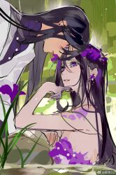 2girls ayame_en_(ouge_dz) bare_arms bare_shoulders black_hair black_pants buttons chinese_commentary colored_extremities commentary_request cowboy_shot day dress dress_shirt expressionless eyeshadow flower flower_dress flower_tattoo forest from_side grass green_eyeshadow hair_between_eyes hand_on_own_chin head_wreath heads_together highres kneeling lab_coat lipstick long_hair long_sleeves looking_at_another makeup multiple_girls nature nervous_smile original ouge_dz outdoors pants parted_lips partially_submerged pink_lips pointy_nose purple_dress purple_eyes purple_flower purple_hair purple_shirt rock scientist shirt shoulder_tattoo smile straight_hair strapless strapless_dress sweatdrop tattoo upper_body watermark weibo_watermark yuri yuri_chie_(ouge_dz)
