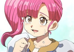 1girl aqua_background blue_vest blunt_bangs brown_eyes collarbone commentary_request crying crying_with_eyes_open doofuf dragon_quest dragon_quest_builders_2 happy_tears looking_up open_mouth pink_hair puffy_short_sleeves puffy_sleeves ruru_(dqb2) shirt short_sleeves side_ponytail smile solo tears upper_body vest white_shirt yellow_trim