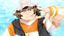 1boy \m/ arm_up black_vest brown_eyes brown_hair fat fat_man fukuda_tomonori game_cg glasses hashida_itaru hat highres hood hooded_vest hoodie light_particles ocean official_art one_eye_closed orange_shirt robotics;notes robotics;notes_dash shirt shorts sitting sleeveless_vest smile solo striped_clothes striped_shirt striped_shorts t-shirt teeth tongue tongue_out v-shaped_eyebrows vest white_shirt wristband