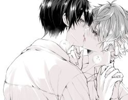 2boys ace_trappola arm_up blush breath collared_shirt commentary_request deuce_spade eye_contact facial_mark french_kiss greyscale hair_between_eyes hand_on_another&#039;s_chin hand_on_another&#039;s_neck heart holding_hands kiss looking_at_another male_focus mofu_twst monochrome multiple_boys open_mouth parted_bangs saliva shirt short_hair simple_background spade_(shape) tongue twisted_wonderland upper_body white_background wing_collar yaoi