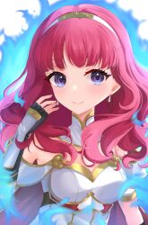 1girl armor aura blue_aura blue_eyes breastplate breasts cape celica_(emblem)_(fire_emblem) celica_(fire_emblem) choker cleavage dress earrings ell_0314 fingerless_gloves fire_emblem fire_emblem_echoes:_shadows_of_valentia fire_emblem_engage gloves highres jewelry long_hair medium_breasts nintendo princess purple_eyes red_hair tiara white_armor white_dress