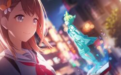 Rule 34 | 1boy, 1girl, black gloves, blonde hair, blurry, blurry background, bokeh, brown hair, colorful palette, depth of field, full body, game cg, gloves, grey eyes, grey serafuku, hair ornament, hanasato minori, highres, holding, holding phone, hologram, idol clothes, kagamine len, looking at another, more more jump! len, neckerchief, official art, phone, project sekai, red neckerchief, sailor collar, school uniform, serafuku, shorts, smile, spiked hair, step by step! (project sekai), third-party source, triangle, vocaloid, white sailor collar, white shorts