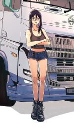 1girl ankle_boots black_boots black_hair black_tank_top blue_shorts bonryuu boots breasts cleavage collarbone commission crossed_arms denim denim_shorts full_body glasses hibike!_euphonium highres legs license_plate long_hair midriff motor_vehicle semi_truck short_shorts shorts simple_background skeb_commission solo standing tanaka_asuka tank_top truck vehicle_focus volvo volvo_fh white_background