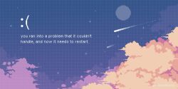 blue_screen_of_death cloud cloudy_sky english_text frown gradient_background grid_background highres microsoft_windows new_moon onlypixeeels pastel_colors pink_clouds pixel_art scenery shooting_star signature sky
