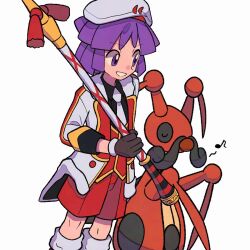 1boy black_gloves black_shirt bugsy_(holiday_2024)_(pokemon) bugsy_(pokemon) colored_skin facial_hair gen_4_pokemon gloves hat holding holding_wand jacket kricketune male_focus musical_note mustache necktie nintendo parted_lips pokemon pokemon_(creature) pokemon_masters_ex purple_eyes purple_hair red_shorts red_skin red_vest shirt shorts simple_background tyako_089 vest wand white_background white_hat white_jacket white_necktie