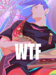 1boy badge blue_eyes blue_hair building casual chromatic_aberration eating explosion fire food galo_thymos green_fire highres jonya male_focus margherita_pizza pizza pizza_box pizza_slice promare purple_fire shirt skyscraper solo spiked_hair t-shirt what