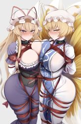 2girls absurdres animal_ears bagelbomb bdsm black_choker blonde_hair bondage bound bound_together breast_press breasts choker collar dress elbow_gloves fox_ears fox_girl fox_tail glaring gloves hat hat_ribbon highres large_breasts looking_at_viewer mob_cap multiple_girls purple_dress red_rope ribbon rope shibari simple_background slave sweat tail touhou white_background white_gloves white_hat yakumo_ran yakumo_yukari yellow_eyes