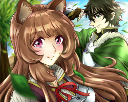 1boy 1girl absurdres animal_ear_fluff animal_ears armor black_dress black_hair black_thighhighs blue_sky blunt_bangs breastplate brown_hair cape closed_mouth cloud cloudy_sky collared_dress commentary_request dress eyelashes falling_leaves fur-trimmed_cape fur_trim gold_trim gpsmikasa_game green_cape green_eyes high_collar highres iwatani_naofumi leaf long_hair looking_at_viewer looking_down messy_hair neck_ribbon outdoors pink_eyes portrait raccoon_ears raccoon_girl raphtalia red_dress red_ribbon ribbon short_hair sidelocks sky smile tate_no_yuusha_no_nariagari thighhighs tree two-tone_dress white_dress