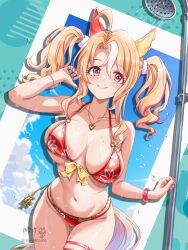 1girl ahoge animal_ears bikini blonde_hair breasts ear_covers fingernails fusaichi_pandora_(umamusume) heart heart_necklace highres horse_ears horse_girl horse_tail jewelry large_breasts medium_hair multicolored_hair nail_polish necklace red_bikini red_eyes shower_head sidelocks single_ear_cover solo streaked_hair swimsuit tail tsukiyuki_mike twintails twitter_username umamusume wet