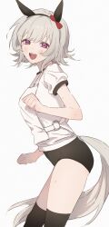 1girl absurdres animal_ears black_buruma black_thighhighs blush bow breasts buruma commentary curren_chan_(umamusume) ear_covers grey_hair gym_uniform highres horse_ears horse_girl horse_tail io_(sinking=carousel) looking_at_viewer medium_breasts medium_hair open_mouth purple_eyes red_bow shirt short_sleeves simple_background solo sweater tail thighhighs umamusume white_shirt