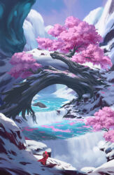 3others absurdres baby branch carrying carrying_baby carrying_person cherry_blossom_print chiaku commentary_request floral_print highres hood hood_up multiple_others original outdoors piggyback red_robe robe scenery snow tree water waterfall wide_shot winter