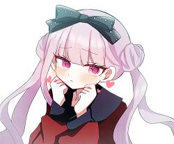 1girl black_bow blush bow closed_mouth eyelashes female_focus hair_bow hand_up heart long_hair long_sleeves looking_at_viewer pink_eyes pink_hair simple_background solo the_hundred_line_-last_defense_academy- tsukumo_kako twintails upper_body white_background