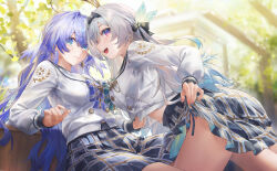 Rule 34 | 2girls, absurdres, alternate costume, aqua eyes, aqua hair, black hairband, black sailor collar, blue bow, blue bowtie, blue hair, bow, bowtie, closed mouth, earrings, face jewel, firefly (honkai: star rail), firefly (spring missive) (honkai: star rail), floating hair, gradient hair, green bow, green bowtie, grey hair, hair between eyes, hair ornament, hairband, halo, head wings, highres, honkai: star rail, honkai (series), jewel under eye, jewelry, lifting own clothes, long hair, long sleeves, looking at viewer, looking back, mismatched earrings, multicolored eyes, multicolored hair, multiple girls, navel, official alternate costume, open mouth, robin (honkai: star rail), sailor collar, school uniform, shirt, skirt, smile, swkl:d, teeth, upper teeth only, white shirt, wings