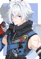 1boy animal_ears blue_eyes bottle cat_boy cat_ears hair_between_eyes hanata highres holding holding_bottle looking_at_viewer open_mouth scar scar_on_shoulder seth_lowell short_hair simple_background tail white_background white_hair zenless_zone_zero