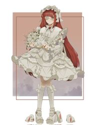 1girl alternate_costume bouquet bow closed_mouth dress flower full_body gauze gauze_over_eye gem grey_eyes hairband highres lily_(flower) limbus_company lolita_fashion lolita_hairband long_hair long_sleeves looking_at_viewer maid_headdress mary_janes pearl_(gemstone) project_moon rabbit red_brooch red_hair salgaoli83428 shoes sidelocks simple_background socks solo standing white_background white_bow white_dress white_shoes white_socks yuri_(project_moon)