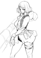 Rule 34 | 1girl, aeyga, collared shirt, devil may cry, devil may cry (series), devil may cry 3, gloves, highres, kalina ann (weapon), lady (devil may cry), rocket launcher, shirt, short hair, simple background, sketch, skirt, thigh strap, weapon, white background