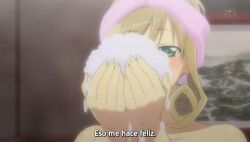 1girl animated bath breasts blowing_bubbles foam green_eyes hair_ribbon haruka_(senran_kagura) large_breasts light_brown_hair medium_hair ribbon senran_kagura tagme video water