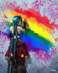 2girls absurdres arcane_jinx arcane_vi belt blue_eyes blue_nails fingerless_gloves from_behind gloves highres holding jacket jinx_(league_of_legends) league_of_legends lgbt_pride long_hair looking_back multiple_girls nikola_(nikkotari) rainbow_flag red_jacket spray_can spray_paint tattoo vi_(league_of_legends)