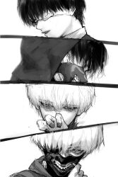 1boy black_hair black_hood black_nails eyepatch hand_up highres hood hoodie kaneki_ken lips mask medical_eyepatch monochrome original progression shaded_face short_hair sketch solo stfr_(stfr_kaz) tokyo_ghoul white_background white_hair zipper zipper_pull_tab