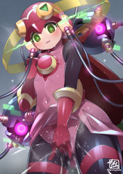 1girl black_bodysuit bodysuit bodysuit_under_clothes cowboy_shot cross_fusion dress female_ejaculation fingering flat_chest glowing glowing_eyes green_eyes gummyrise hacking helmet highres long_hair masturbation mayl_sakurai_(mega_man) mega_man_(series) mega_man_battle_network_(anime) mega_man_battle_network_(series) mind_control one-eyed panties pink_dress pink_helmet pink_panties purple_eyes pussy_juice red_hair roll.exe_(mega_man) saliva solo_focus underwear
