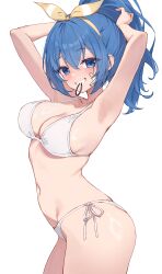 1girl armpits arms_behind_head arms_up bare_arms bare_shoulders bikini bitseon blue_eyes blue_hair breasts cleavage commentary commission cowboy_shot english_commentary facial_mark grin hair_ribbon hair_tie_in_mouth high_ponytail highres long_hair looking_at_viewer medium_breasts mouth_hold navel original ponytail ribbon side-tie_bikini_bottom simple_background smile solo stomach string_bikini swimsuit white_background white_bikini